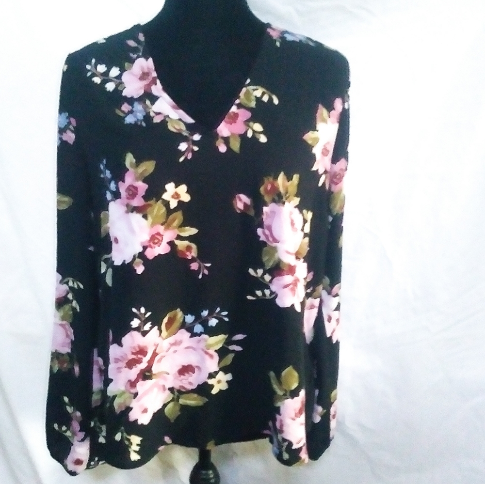 Monteau womens black floral long sleeve blouse